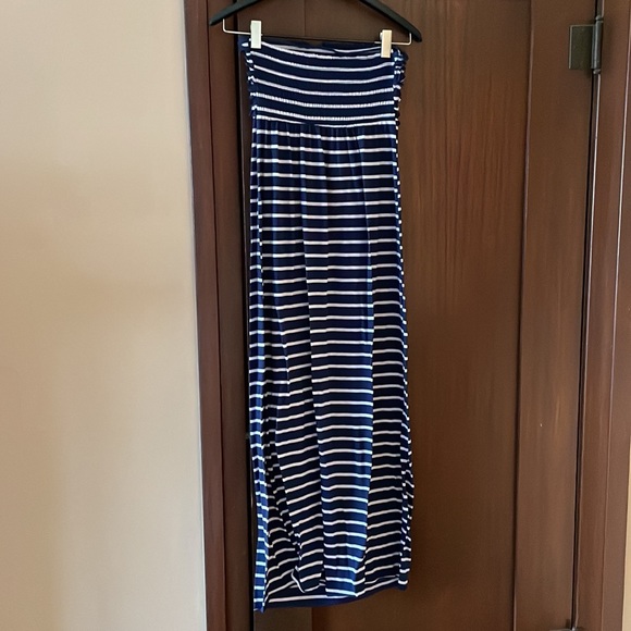 Blue and White Stripe Strapless Smocked Maxi Dress - Picture 2 of 4